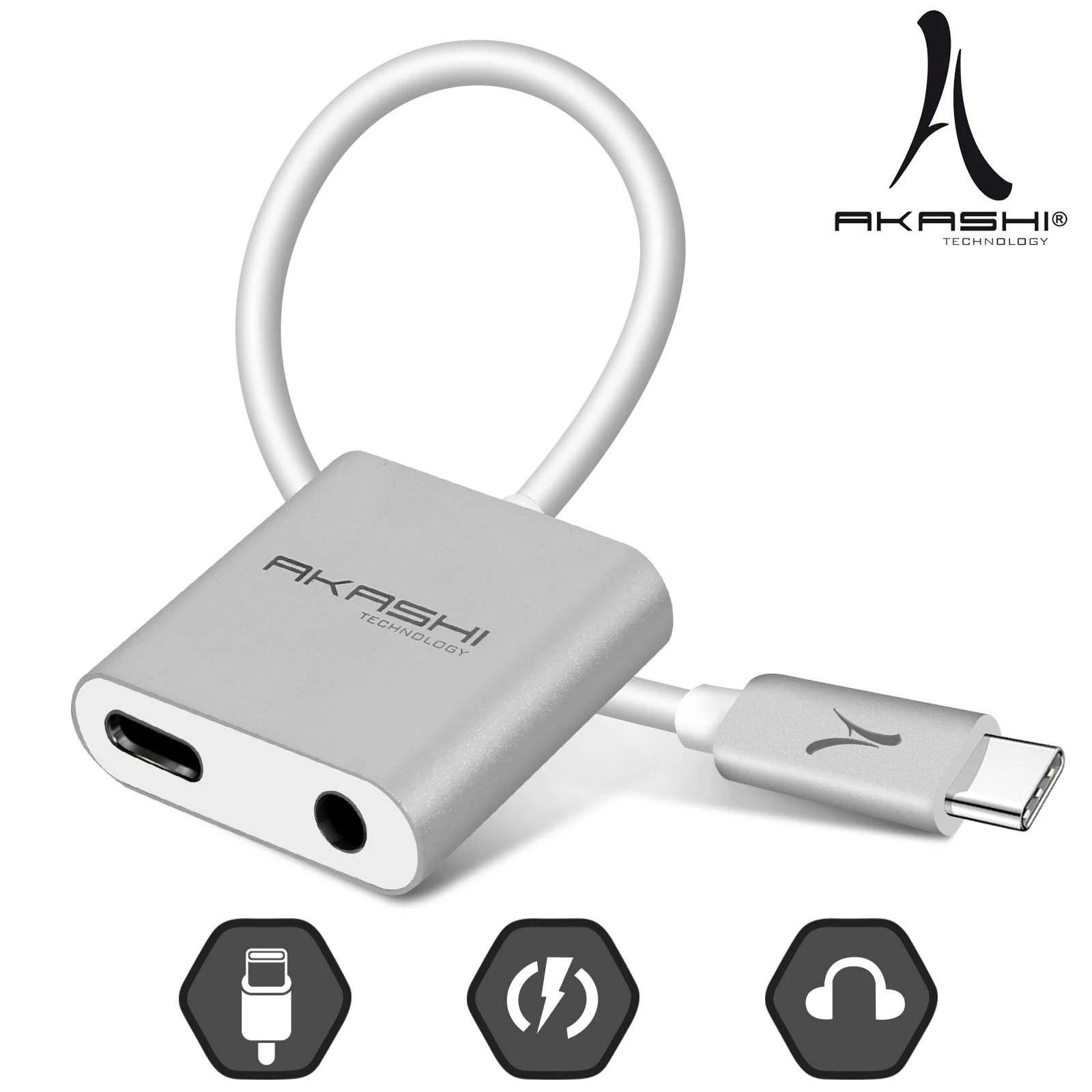 Adaptateur Audio Et Charge USB-C Vers USB-C / Jack 3.5mm, Akashi - Argent 3 Adaptateur Audio Et Charge USB-C Vers USB-C / Jack 3.5mm, Akashi - Argent