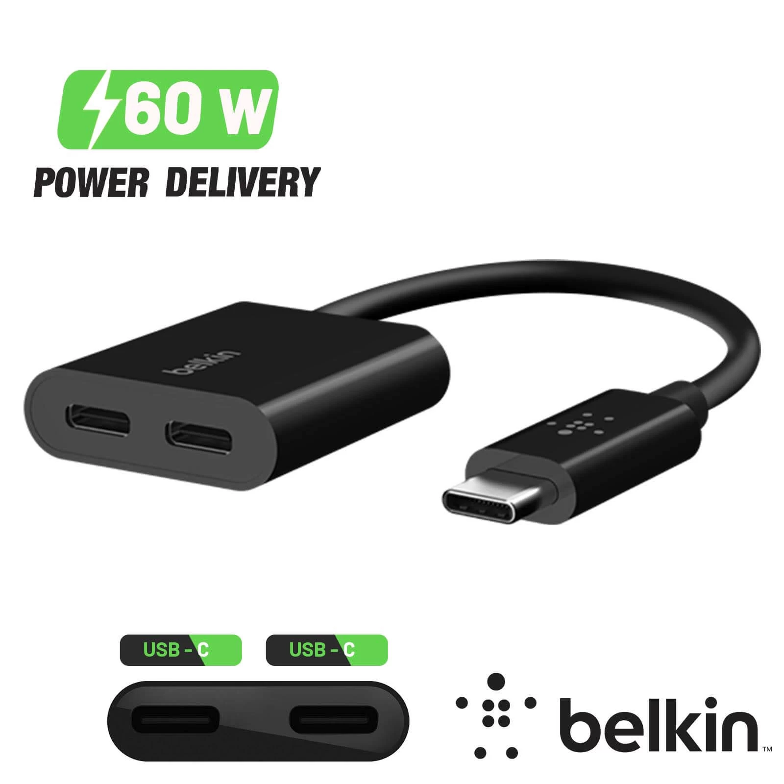 Adaptateur USB-C Vers Dual USB-C Femelle Charge Rapide 60W + Audio, Belkin - Noir 3 Adaptateur USB-C Vers Dual USB-C Femelle Charge Rapide 60W + Audio, Belkin - Noir