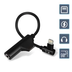Musique recherchée. 47 Adaptateur Audio Et Charge Coudé IPhone Lightning Vers Jack 3.5mm Et Lightning, HL-092 - Noir