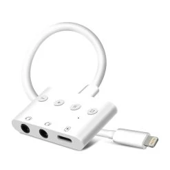 Musique recherchée. 53 Adaptateur Audio Et Charge Lightning Vers Double Jack 3.5mm Et Lightning 12cm, Splitter + Boutons De Contrôle, HL-104 - Blanc