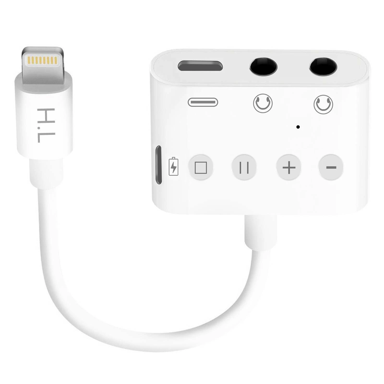 Adaptateur Audio Et Charge Lightning 4 En 1 Vers Double Jack 3.5mm / Lightning / USB-C 12cm, Splitter + Boutons De Contrôle, HL-108 - Blanc 4 Adaptateur Audio Et Charge Lightning 4 En 1 Vers Double Jack 3.5mm / Lightning / USB-C 12cm, Splitter + Boutons De Contrôle, HL-108 - Blanc – Image 2
