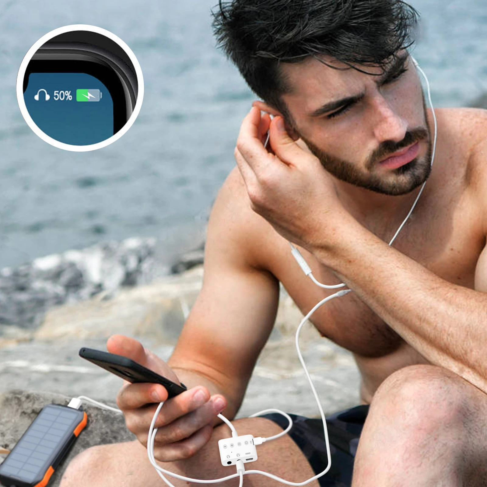 Adaptateur Audio Et Charge Lightning 4 En 1 Vers Double Jack 3.5mm / Lightning / USB-C 12cm, Splitter + Boutons De Contrôle, HL-108 - Blanc 8 Adaptateur Audio Et Charge Lightning 4 En 1 Vers Double Jack 3.5mm / Lightning / USB-C 12cm, Splitter + Boutons De Contrôle, HL-108 - Blanc – Image 6