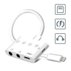 Musique recherchée. 51 Adaptateur Audio Et Charge Lightning 4 En 1 Vers Double Jack 3.5mm / Lightning / USB-C 12cm, Splitter + Boutons De Contrôle, HL-108 - Blanc