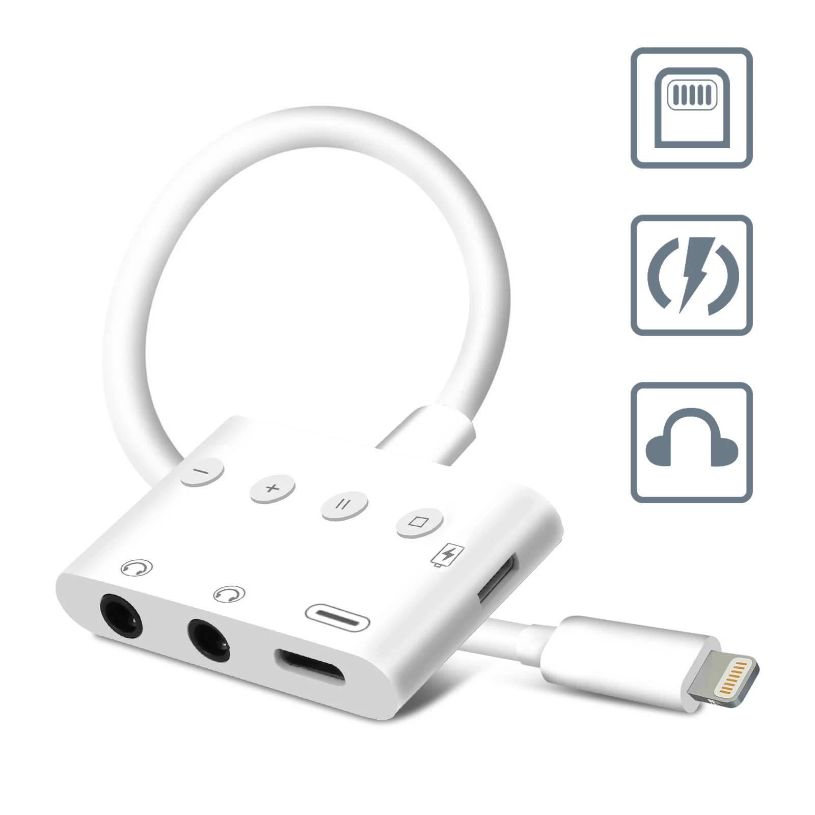 Adaptateur Audio Et Charge Lightning 4 En 1 Vers Double Jack 3.5mm / Lightning / USB-C 12cm, Splitter + Boutons De Contrôle, HL-108 - Blanc 3 Adaptateur Audio Et Charge Lightning 4 En 1 Vers Double Jack 3.5mm / Lightning / USB-C 12cm, Splitter + Boutons De Contrôle, HL-108 - Blanc