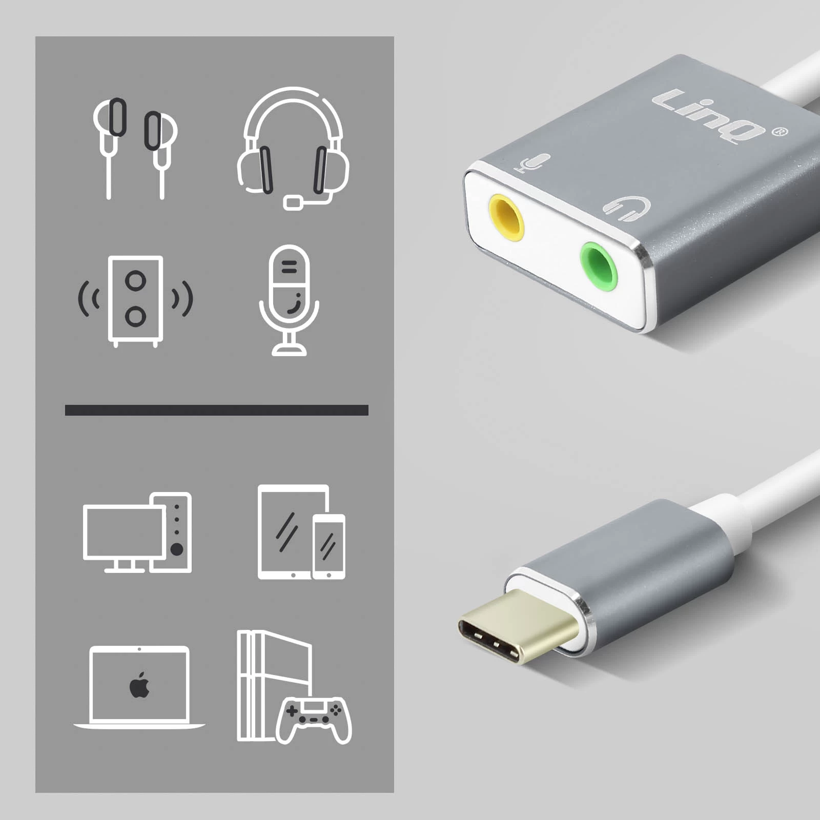 Adaptateur Audio USB-C Vers Double Jack 3.5mm Femelle (Casque + Micro), LinQ - Blanc / Gris 12 Adaptateur Audio USB-C Vers Double Jack 3.5mm Femelle (Casque + Micro), LinQ - Blanc / Gris – Image 10