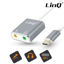 Adaptateur Audio USB-C Vers Double Jack 3.5mm Femelle (Casque + Micro), LinQ - Blanc / Gris