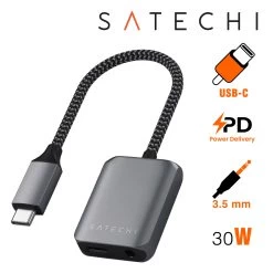 Adaptateur Satechi USB Type C Vers USB-C Male + Jack Audio, Cable Ultra-résistant - Argent