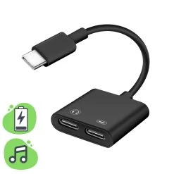 Adaptateur USB-C Mâle Vers Double USB-C Femelle, Audio + Charge - Noir
