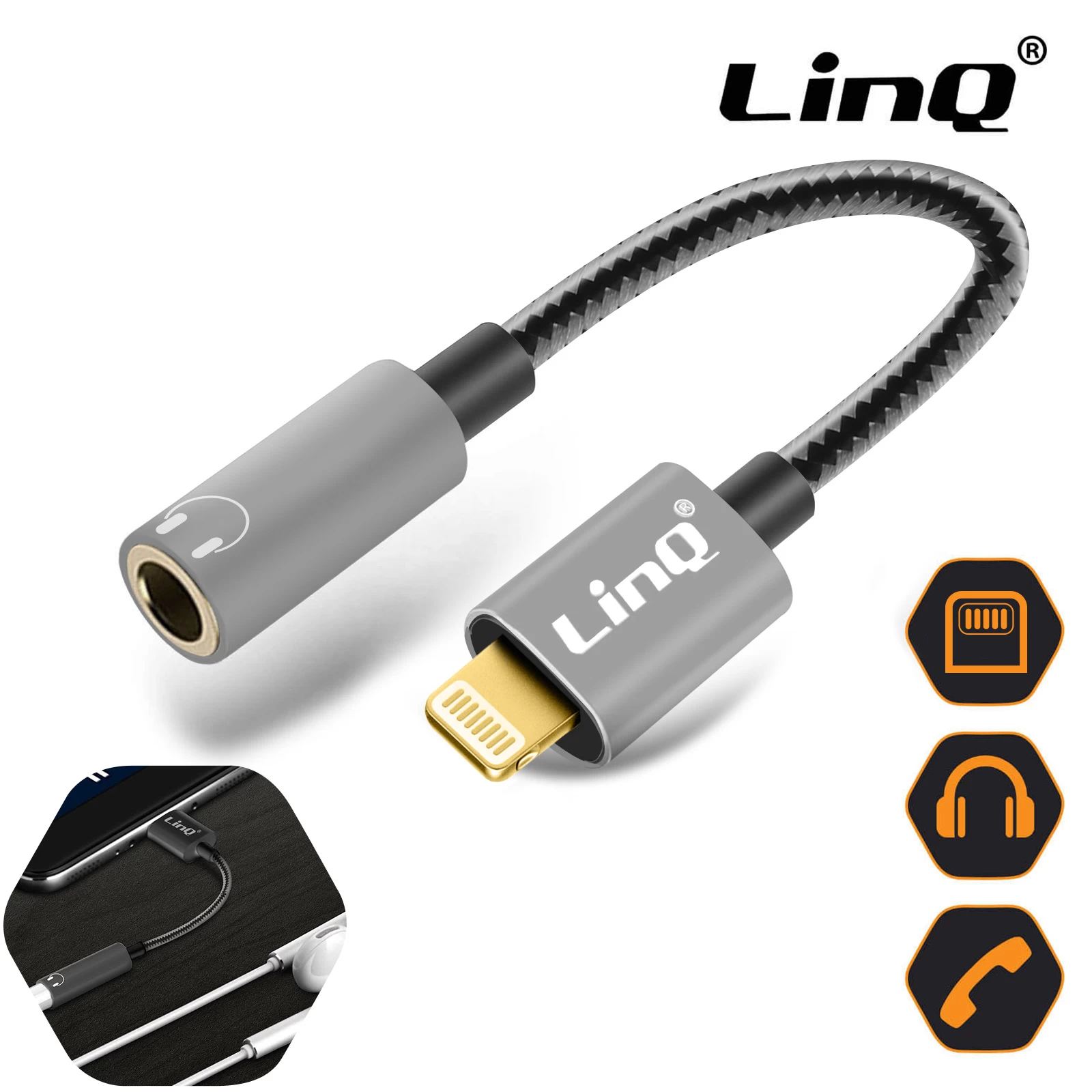Adaptateur Audio IPhone Lightning Vers Jack 3.5mm Femelle Nylon Tressé 15cm, LinQ A3523 - Gris 3 Adaptateur Audio IPhone Lightning Vers Jack 3.5mm Femelle Nylon Tressé 15cm, LinQ A3523 - Gris