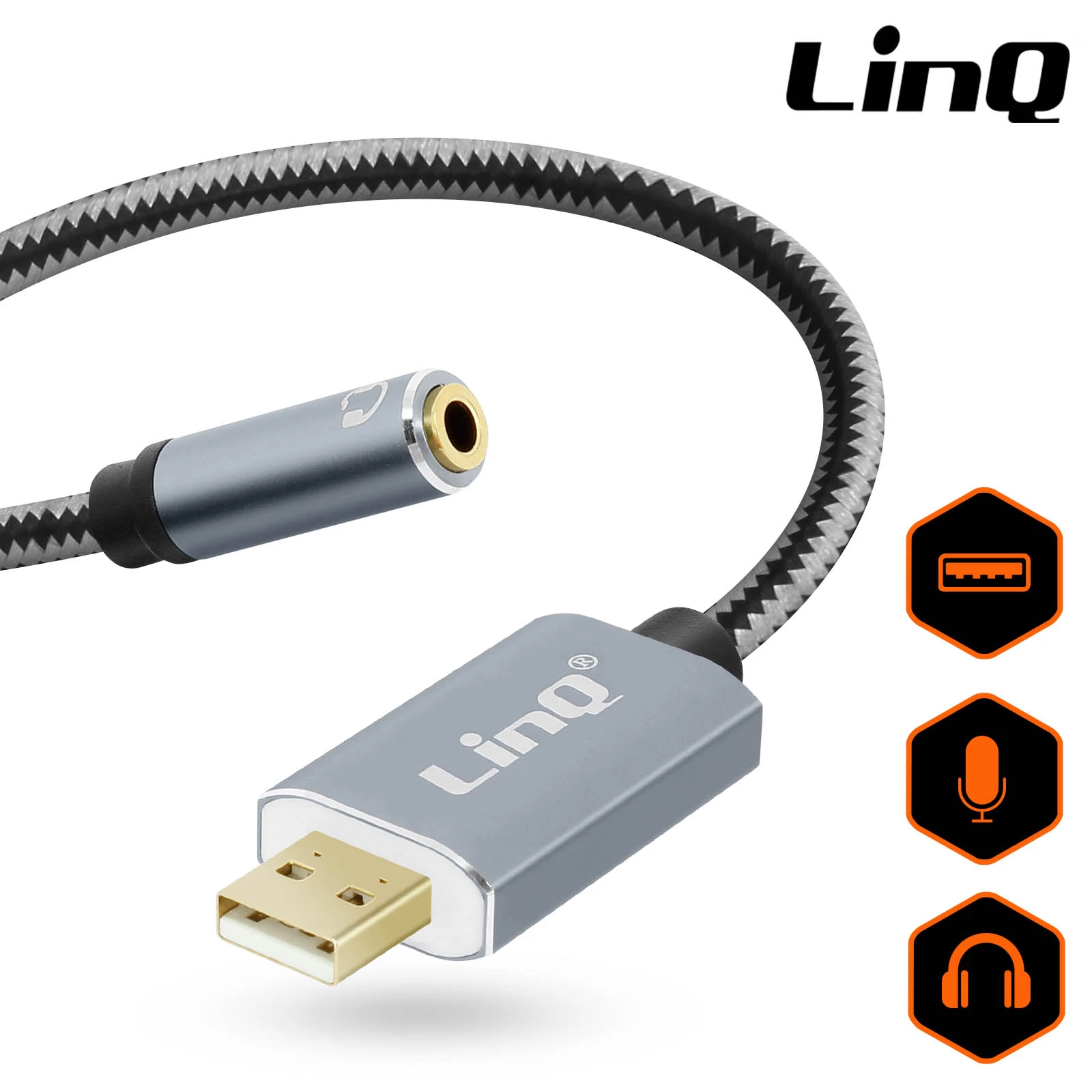 Câble / Adaptateur Audio USB Vers Jack 3.5mm Femelle Nylon Tressé, LinQ - Gris 3 Câble / Adaptateur Audio USB Vers Jack 3.5mm Femelle Nylon Tressé, LinQ - Gris
