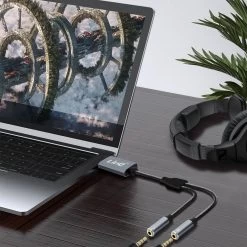 Adaptateur Splitter Audio USB Vers 2x Jack 3.5 Femelles (Son + Micro), Nylon Tressé, LinQ - Gris -Musique recherchée. adajack linq u3532 3