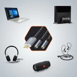 Adaptateur Splitter Audio USB Vers 2x Jack 3.5 Femelles (Son + Micro), Nylon Tressé, LinQ - Gris -Musique recherchée. adajack linq u3532 8