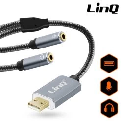 Adaptateur Splitter Audio USB Vers 2x Jack 3.5 Femelles (Son + Micro), Nylon Tressé, LinQ - Gris