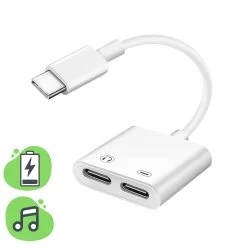 Adaptateur USB-C Mâle Vers Double USB-C Femelle, Audio + Charge - Blanc