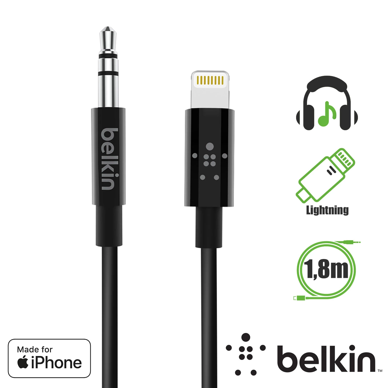 Câble Audio IPhone Lightning MFi Vers Jack 3,5mm Haute Qualité 1.8m, Belkin - Noir 3 Câble Audio IPhone Lightning MFi Vers Jack 3,5mm Haute Qualité 1.8m, Belkin - Noir