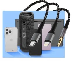 Câble Audio 3 En 1 Jack 3.5mm Vers Jack 3.5mm, Lightning Et USB-C, Nylon Tressé Longueur 1.5m, LinQ - Noir -Musique recherchée. aux linq 9034 7