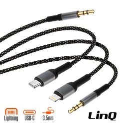 Câble Audio 3 En 1 Jack 3.5mm Vers Jack 3.5mm, Lightning Et USB-C, Nylon Tressé Longueur 1.5m, LinQ - Noir