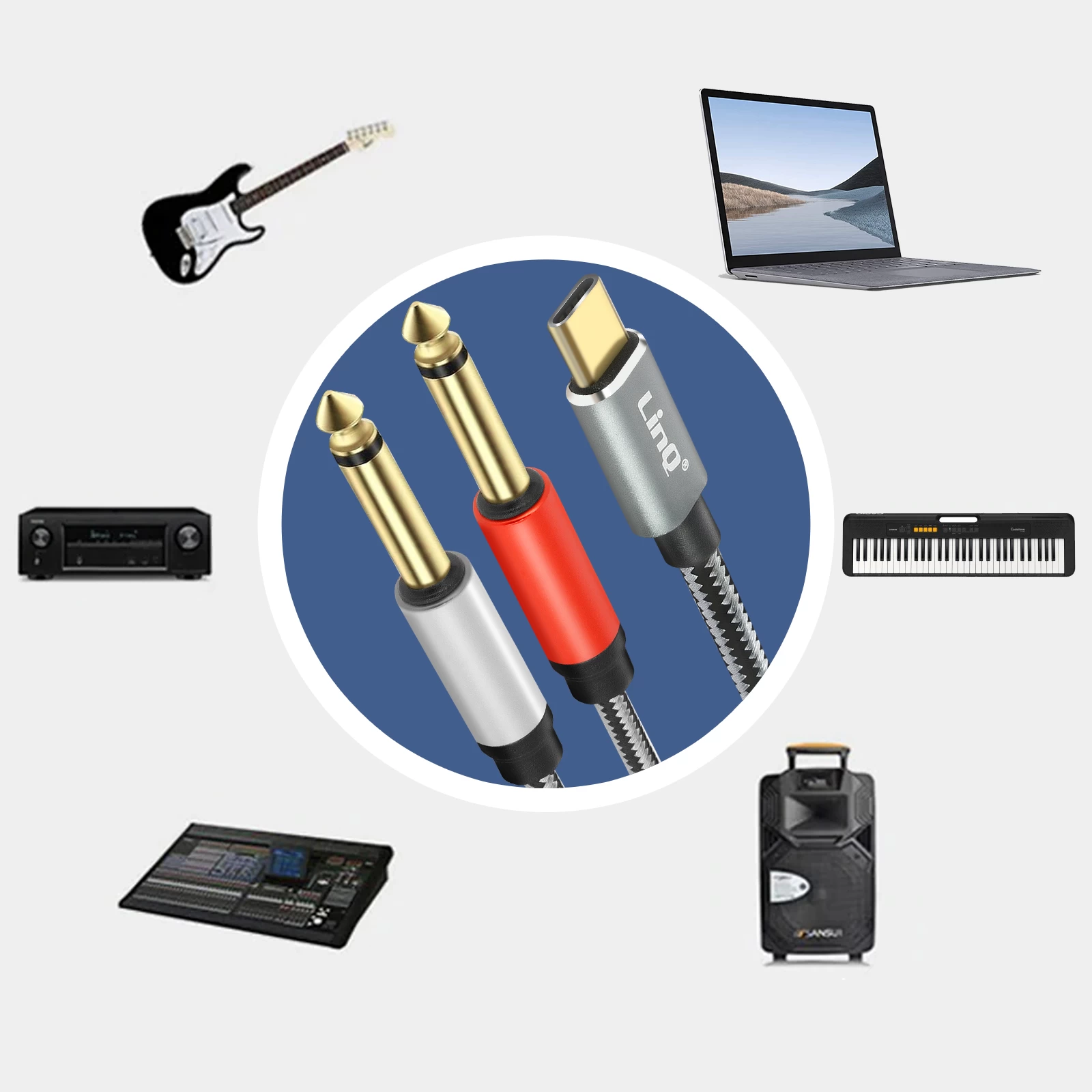 Câble Audio / Splitter USB-C Vers 2x Jack 6.35mm Mâle Nylon Tressé 1.5m, LinQ - Gris 11 Câble Audio / Splitter USB-C Vers 2x Jack 6.35mm Mâle Nylon Tressé 1.5m, LinQ - Gris – Image 9