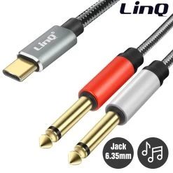Câble Audio / Splitter USB-C Vers 2x Jack 6.35mm Mâle Nylon Tressé 1.5m, LinQ - Gris