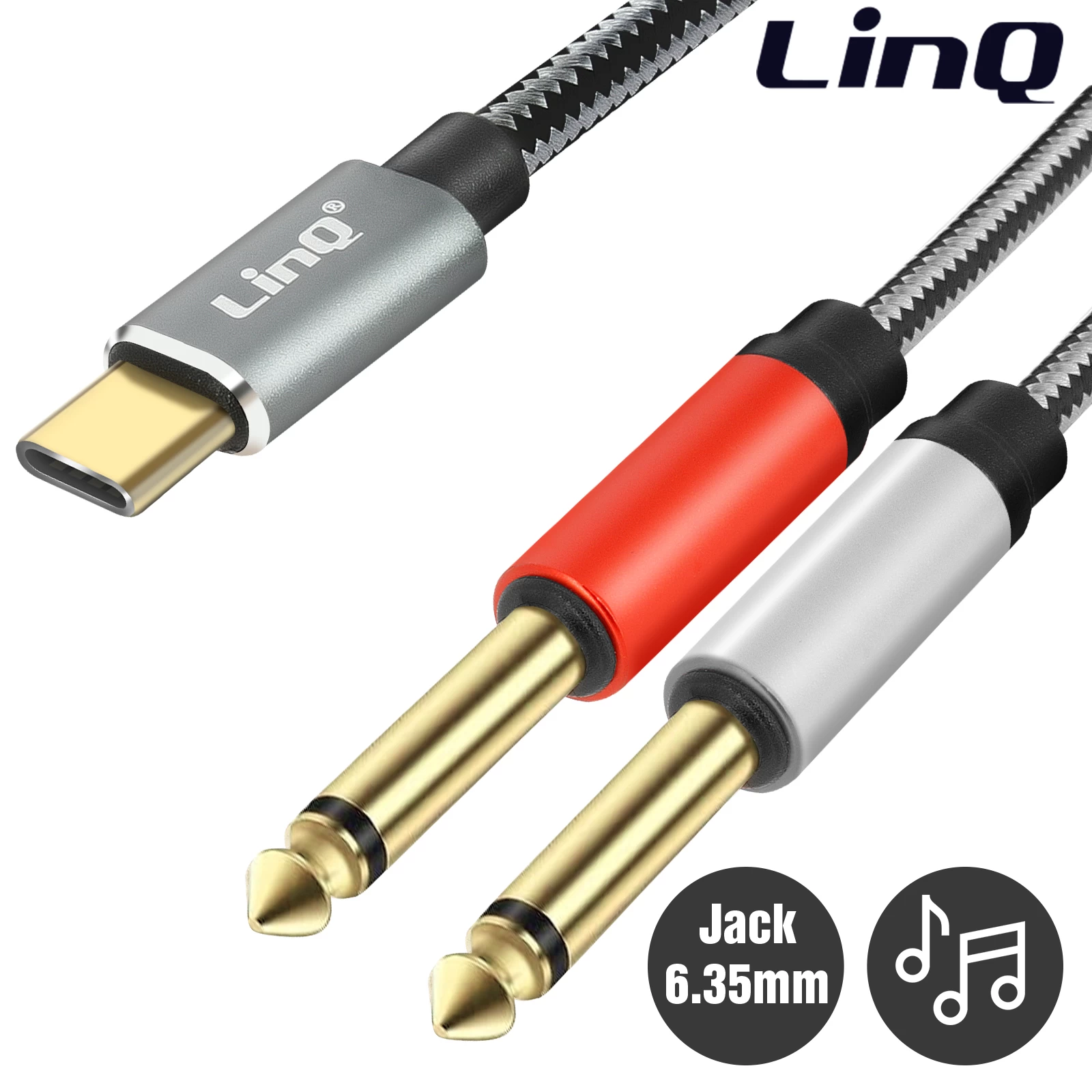 Câble Audio / Splitter USB-C Vers 2x Jack 6.35mm Mâle Nylon Tressé 1.5m, LinQ - Gris 3 Câble Audio / Splitter USB-C Vers 2x Jack 6.35mm Mâle Nylon Tressé 1.5m, LinQ - Gris