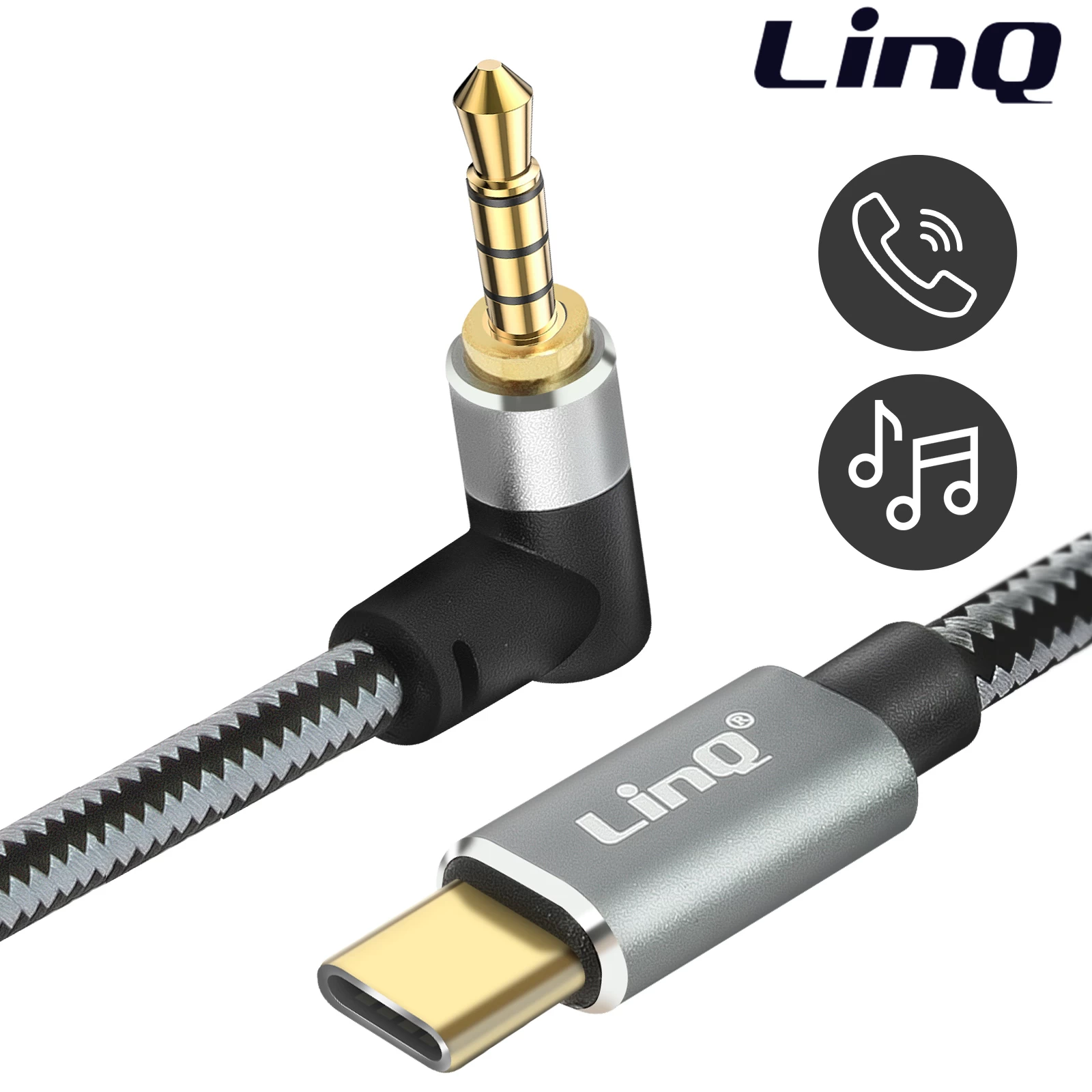 Câble Audio USB-C Vers Jack 3.5mm 4 Broches Mâle, Connecteur Coudé Nylon Tressé 1.5m, LinQ - Noir 3 Câble Audio USB-C Vers Jack 3.5mm 4 Broches Mâle, Connecteur Coudé Nylon Tressé 1.5m, LinQ - Noir