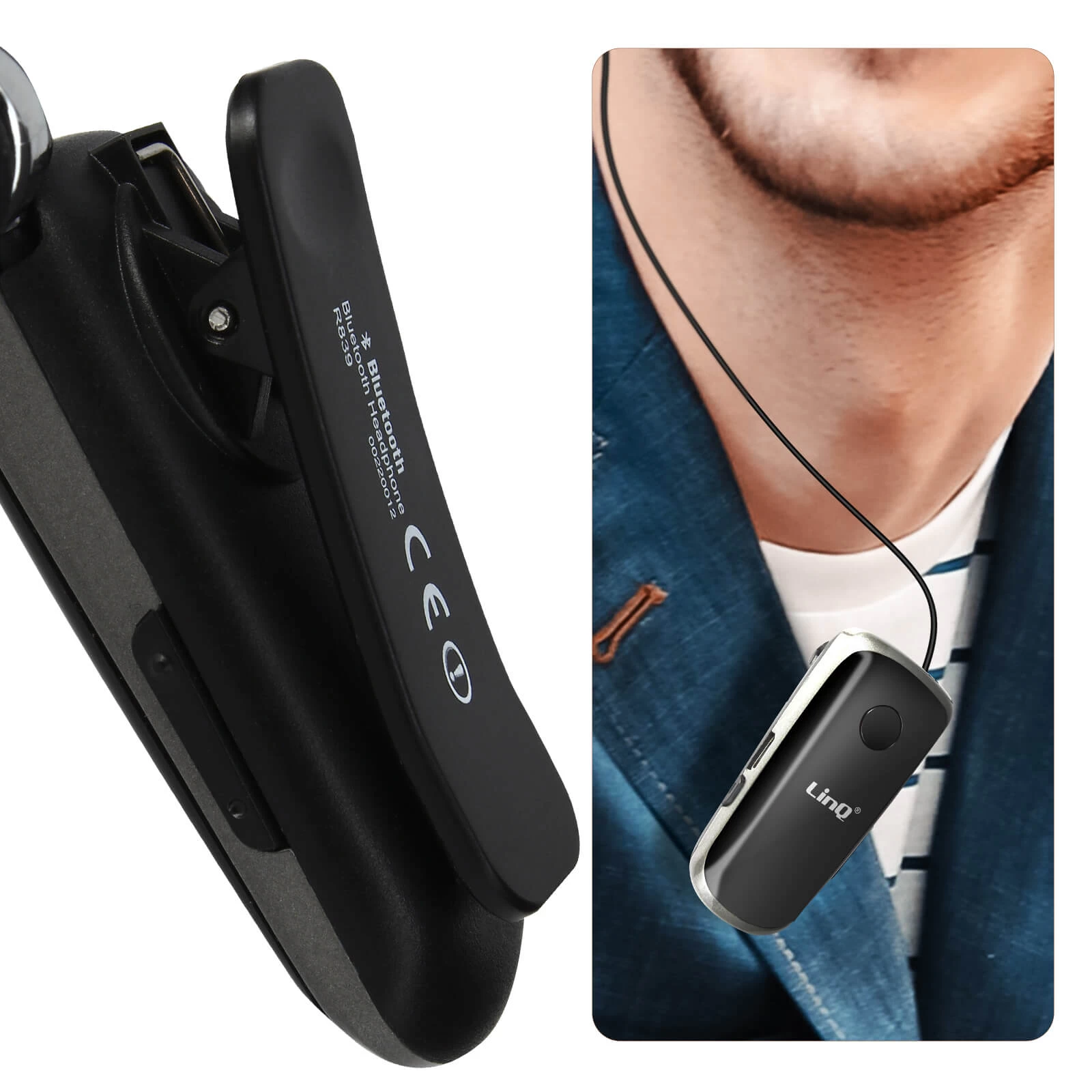 Oreillette Bluetooth Fonction Vibreur Et Annonce Vocale Avec Câble Rétractable, LinQ R839 - Noir 4 Oreillette Bluetooth Fonction Vibreur Et Annonce Vocale Avec Câble Rétractable, LinQ R839 - Noir – Image 2