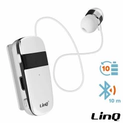 Oreillette Bluetooth Intra-auriculaires, Autonomie 10 Heures Avec Câble Rétractable, LinQ R8344 - Blanc