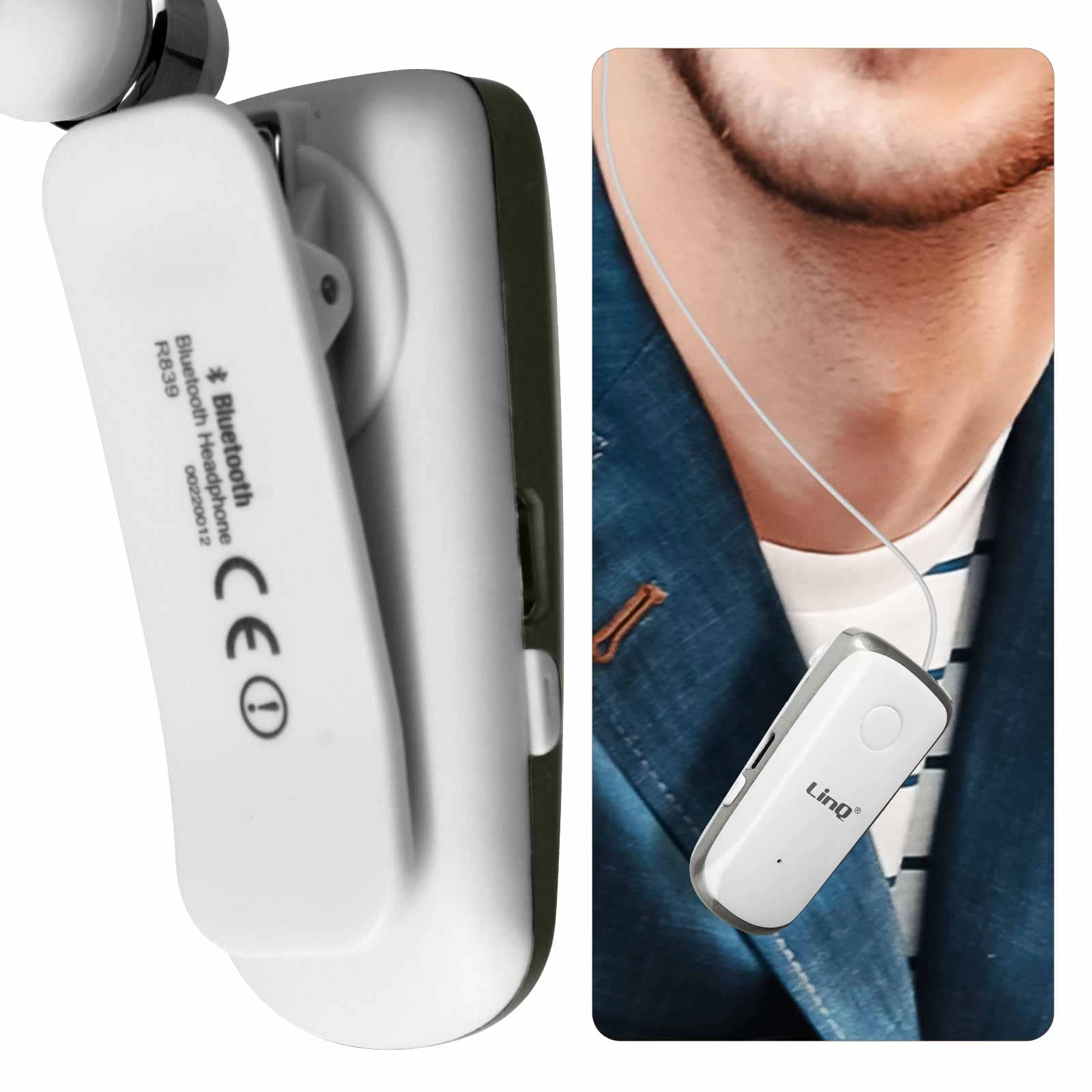 Oreillette Bluetooth Fonction Vibreur Et Annonce Vocale Avec Câble Rétractable, LinQ R839 - Blanc 4 Oreillette Bluetooth Fonction Vibreur Et Annonce Vocale Avec Câble Rétractable, LinQ R839 - Blanc – Image 2