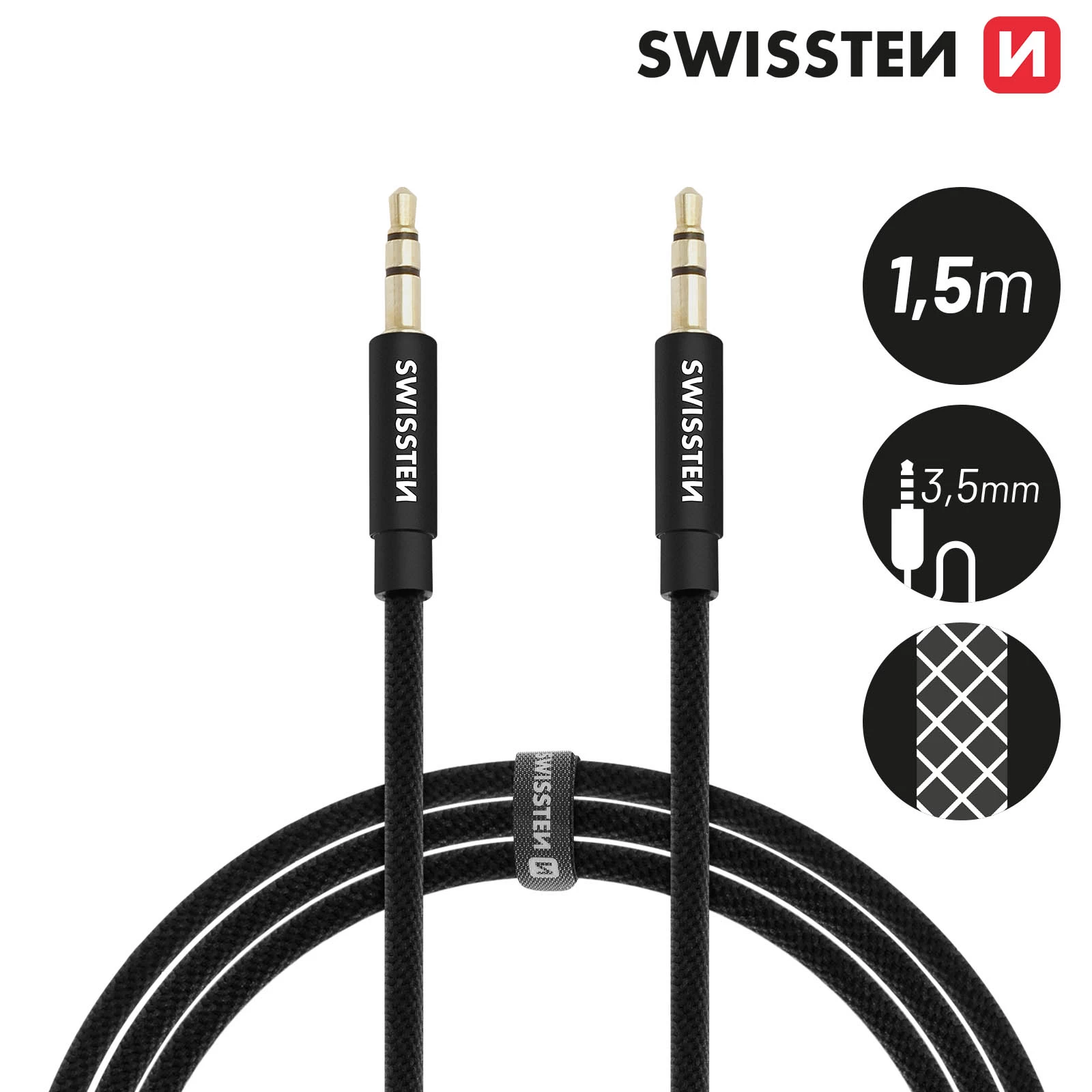 Câble Audio Auxiliaire Jack 3.5mm Mâle / Mâle, Anti-nœuds 1,5m, Swissten - Noir 3 Câble Audio Auxiliaire Jack 3.5mm Mâle / Mâle, Anti-nœuds 1,5m, Swissten - Noir