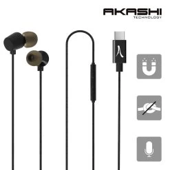Écouteurs Filaires USB-C, Kit Piéton Magnétique Avec Micro & Boutons Multifonctions, Akashi - Noir