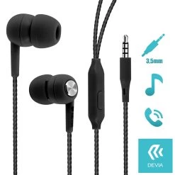 Écouteurs Intra-auriculaires Cordon Torsadé Et Anti-nœud + Micro, Devia - Noir