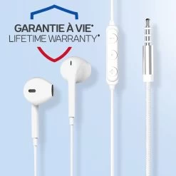 Écouteurs Force Play Jack 3.5mm, Garantie A Vie - Kit Mains Libres Avec Télécommande, Matériaux 100% Recyclés - Blanc -Musique recherchée. hf fp reg 35 9