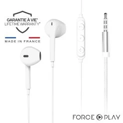 Écouteurs Force Play Jack 3.5mm, Garantie A Vie - Kit Mains Libres Avec Télécommande, Matériaux 100% Recyclés - Blanc