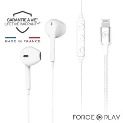 Écouteurs Force Play Pour IPhone, Garantie A Vie - Kit Mains Libres Avec Télécommande, Matériaux 100% Recyclés - Blanc