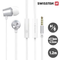 Écouteurs Filaires Jack 3,5mm, Kit Piéton Intra-auriculaires, Swissten Metal Dynamic Series - Blanc