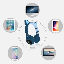 Casque Audio Bluetooth 5.0 Design Oreilles De Chat - Bleu Nuit -Musique recherchée. kask nt minou 10