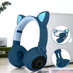 Casque Audio Bluetooth 5.0 Design Oreilles De Chat - Bleu Nuit -Musique recherchée. kask nt minou 8 2