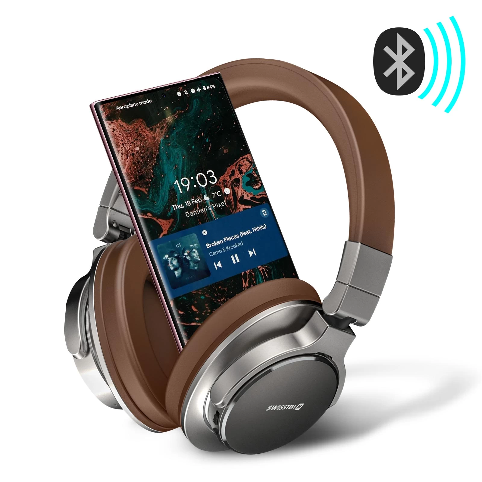 Casque Bluetooth 5.3 Extra Bass Étanche IPX3 Avec Autonomie 16 Heures, Swissten Jumbo - Marron / Argenté 4 Casque Bluetooth 5.3 Extra Bass Étanche IPX3 Avec Autonomie 16 Heures, Swissten Jumbo - Marron / Argenté – Image 2