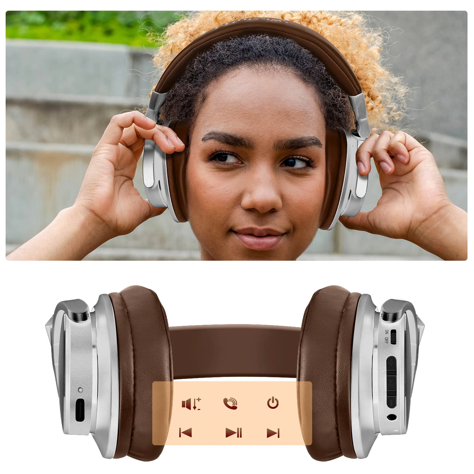 Casque Bluetooth 5.3 Extra Bass Étanche IPX3 Avec Autonomie 16 Heures, Swissten Jumbo - Marron / Argenté 8 Casque Bluetooth 5.3 Extra Bass Étanche IPX3 Avec Autonomie 16 Heures, Swissten Jumbo - Marron / Argenté – Image 6