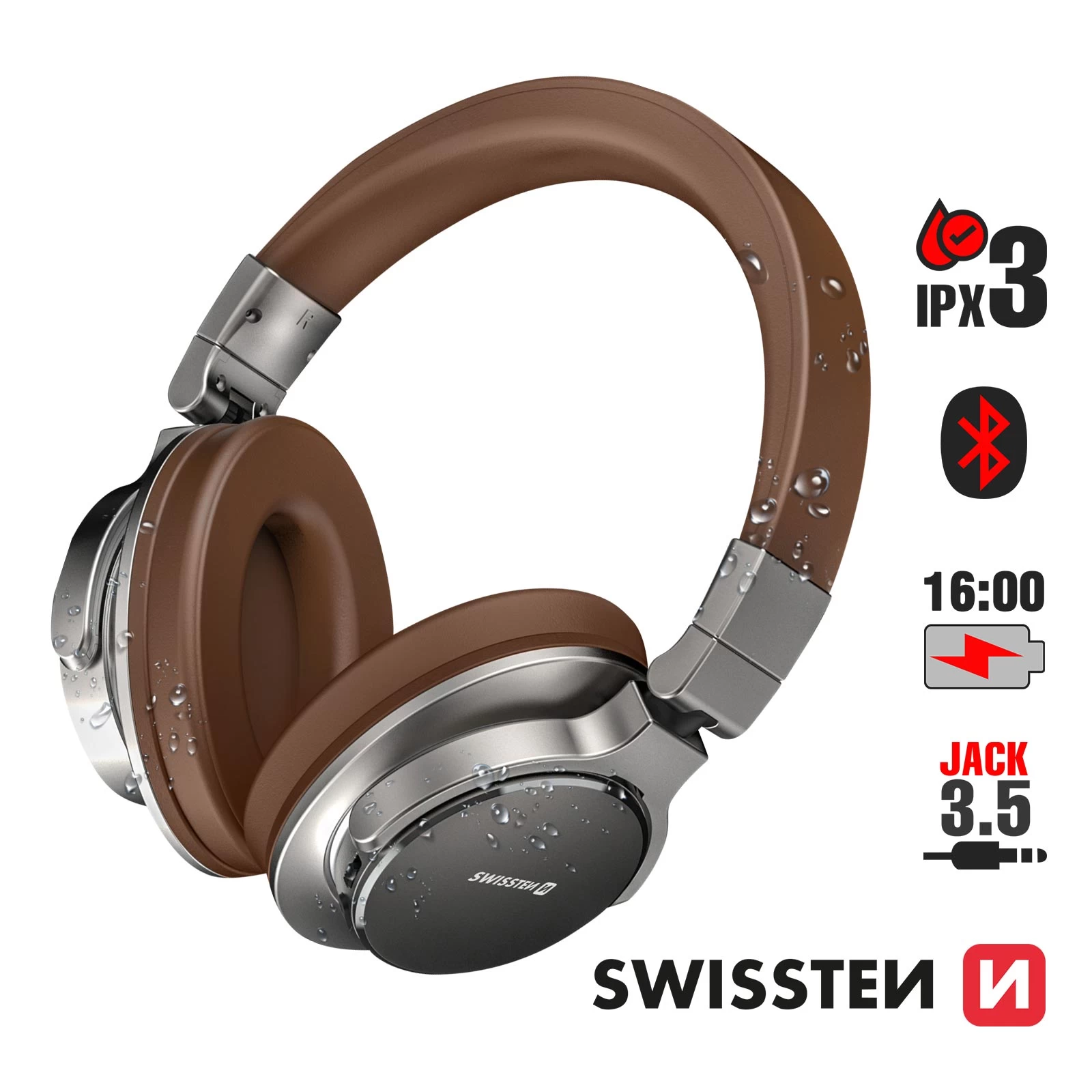 Casque Bluetooth 5.3 Extra Bass Étanche IPX3 Avec Autonomie 16 Heures, Swissten Jumbo - Marron / Argenté 3 Casque Bluetooth 5.3 Extra Bass Étanche IPX3 Avec Autonomie 16 Heures, Swissten Jumbo - Marron / Argenté