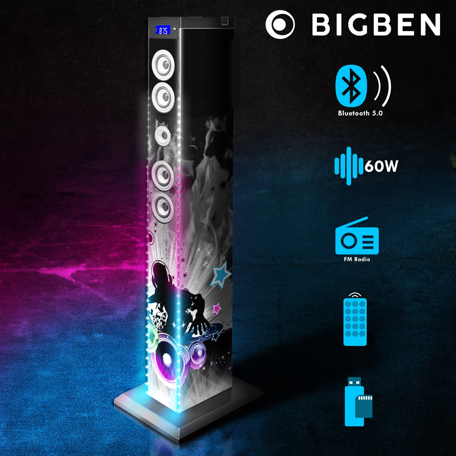 Enceinte Bluetooth Lumineuse Bigben 60W - Tour Multimédia DJ Light 3 Enceinte Bluetooth Lumineuse Bigben 60W - Tour Multimédia DJ Light