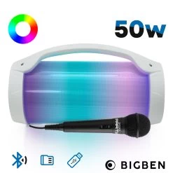 Enceinte Bluetooth Avec Microphone Filaire, Puissance 50W Et Effets Lumineux, Bigben Party BT Lite - Blanc