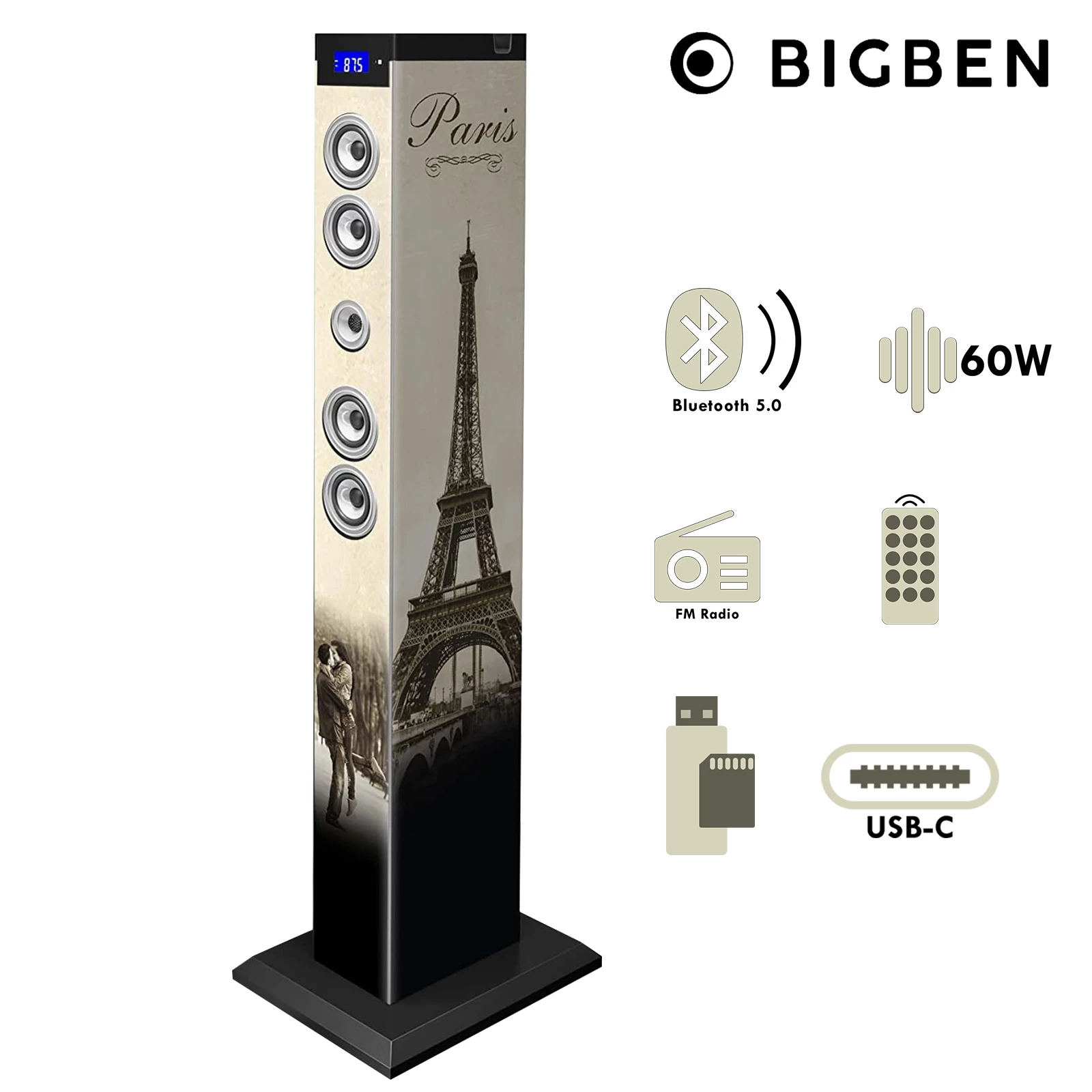 Enceinte Bluetooth Paris 60W, Station D'accueil USB-C - Tour Multimédia Bigben 3 Enceinte Bluetooth Paris 60W, Station D'accueil USB-C - Tour Multimédia Bigben