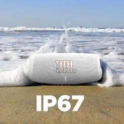 Enceinte Bluetooth JBL Charge 5, Étanche IP67 + Powerbank Intégré - Autonomie 20H - Blanc -Musique recherchée. spik jbl charge5 wh 6