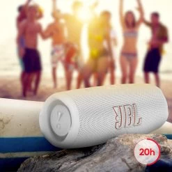 Enceinte Bluetooth JBL Charge 5, Étanche IP67 + Powerbank Intégré - Autonomie 20H - Blanc -Musique recherchée. spik jbl charge5 wh 9