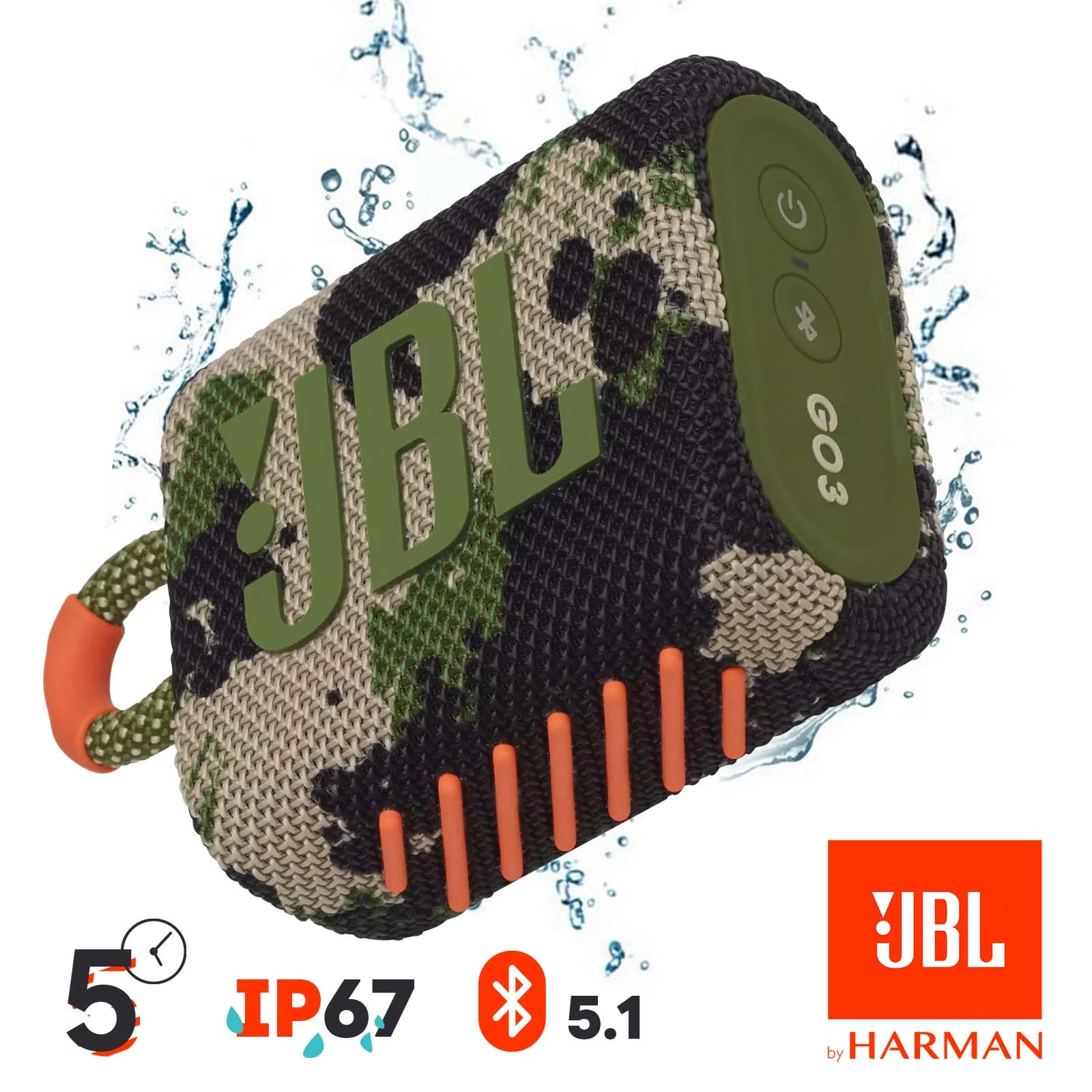 Enceinte Bluetooth JBL Go 3, Étanche IP67 Ultra-compact Avec Son Puissant - Autonomie 5H - Camouflage 3 Enceinte Bluetooth JBL Go 3, Étanche IP67 Ultra-compact Avec Son Puissant - Autonomie 5H - Camouflage
