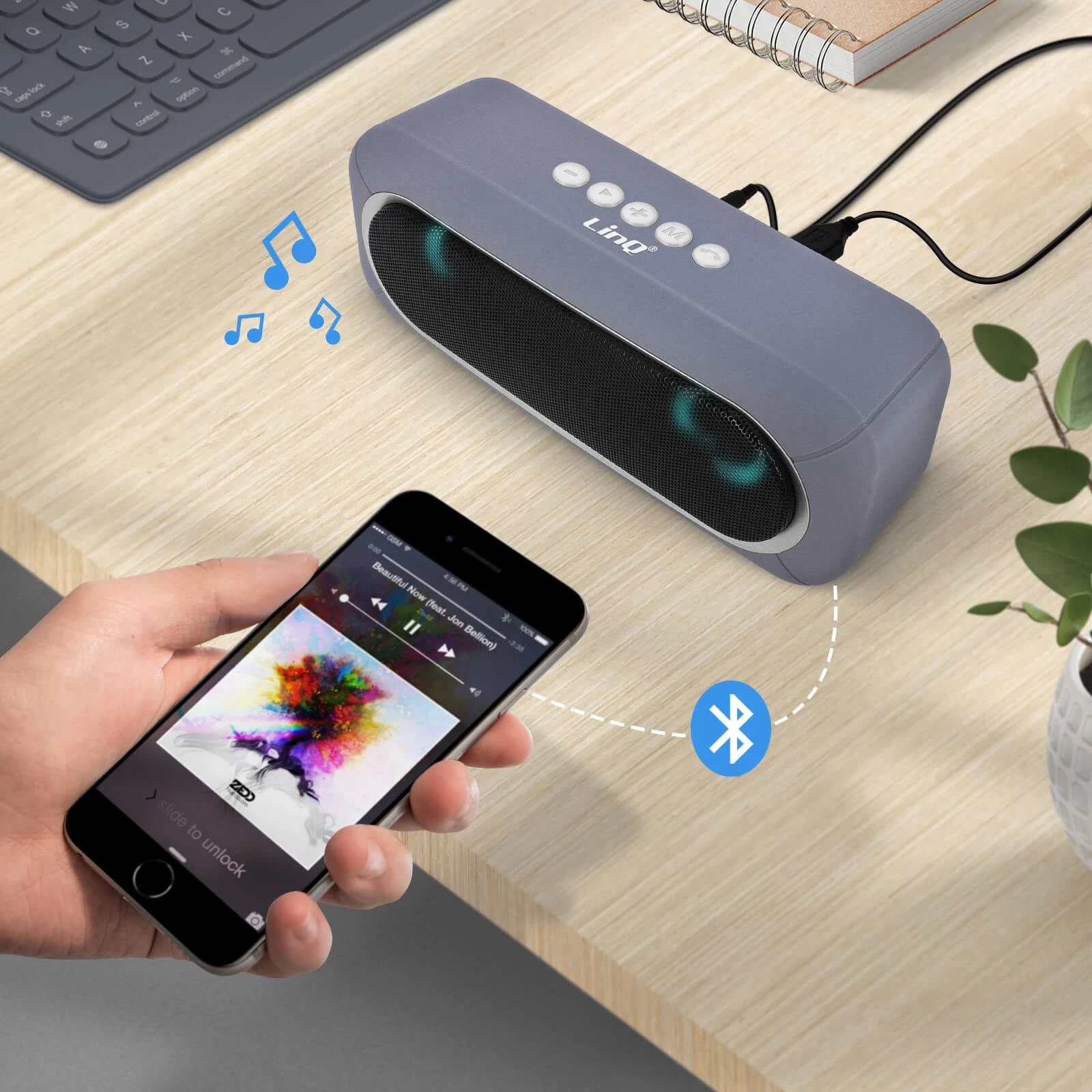 Enceinte Bluetooth Sans-fil, Son De Qualité 3W X 2 / LED RVB, LinQ - Gris 4 Enceinte Bluetooth Sans-fil, Son De Qualité 3W X 2 / LED RVB, LinQ - Gris – Image 2