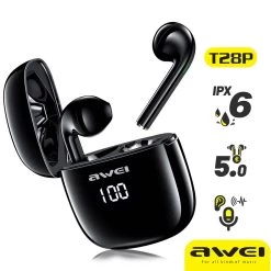 Écouteurs Étanches IPX6, Bluetooth Avec Étui De Charge LED Et Contrôle Tactile, Awei - Noir