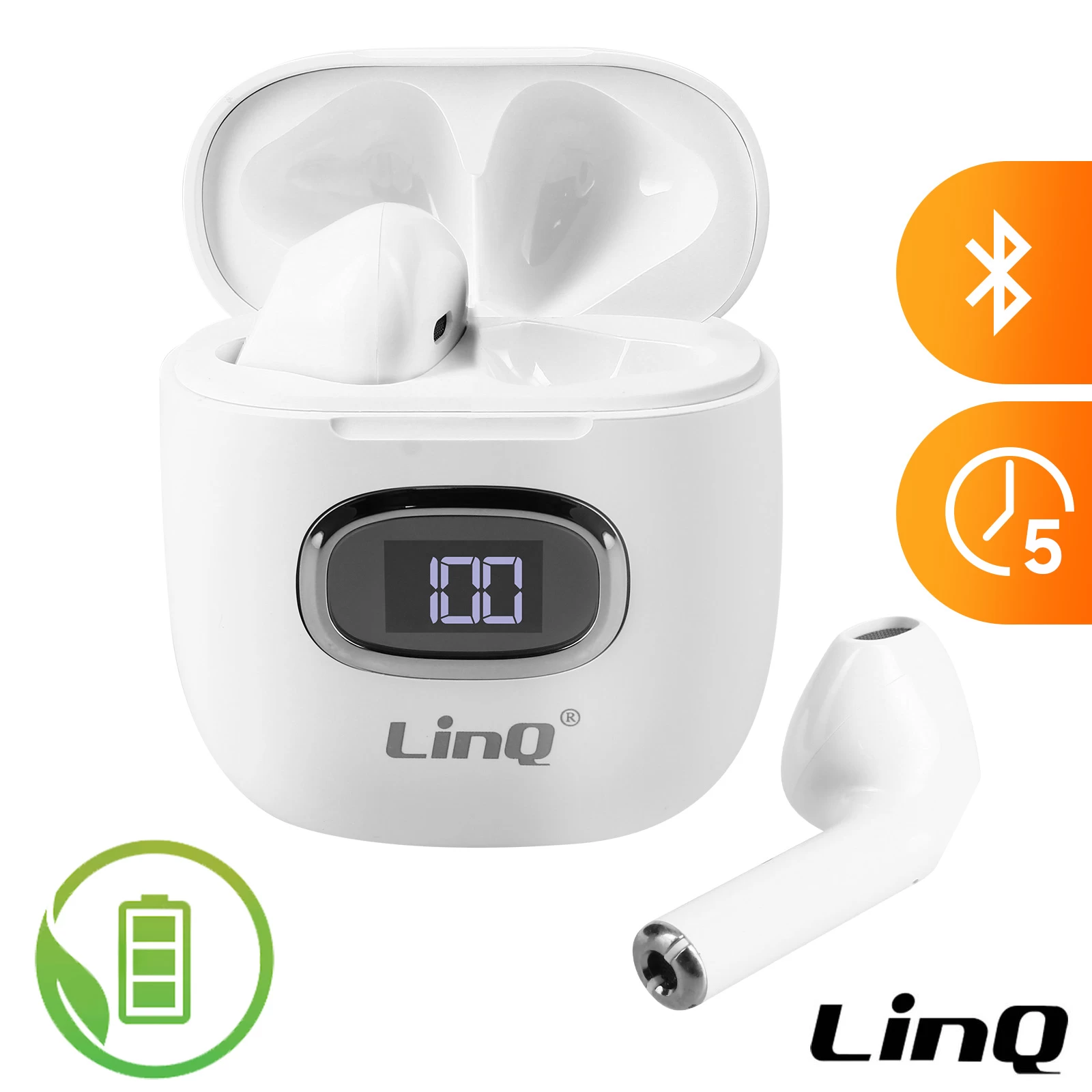 Écouteurs Sans Fil LinQ, Bluetooth Avec Commandes Tactiles, Fonction Battery Saver - Blanc 3 Écouteurs Sans Fil LinQ, Bluetooth Avec Commandes Tactiles, Fonction Battery Saver - Blanc