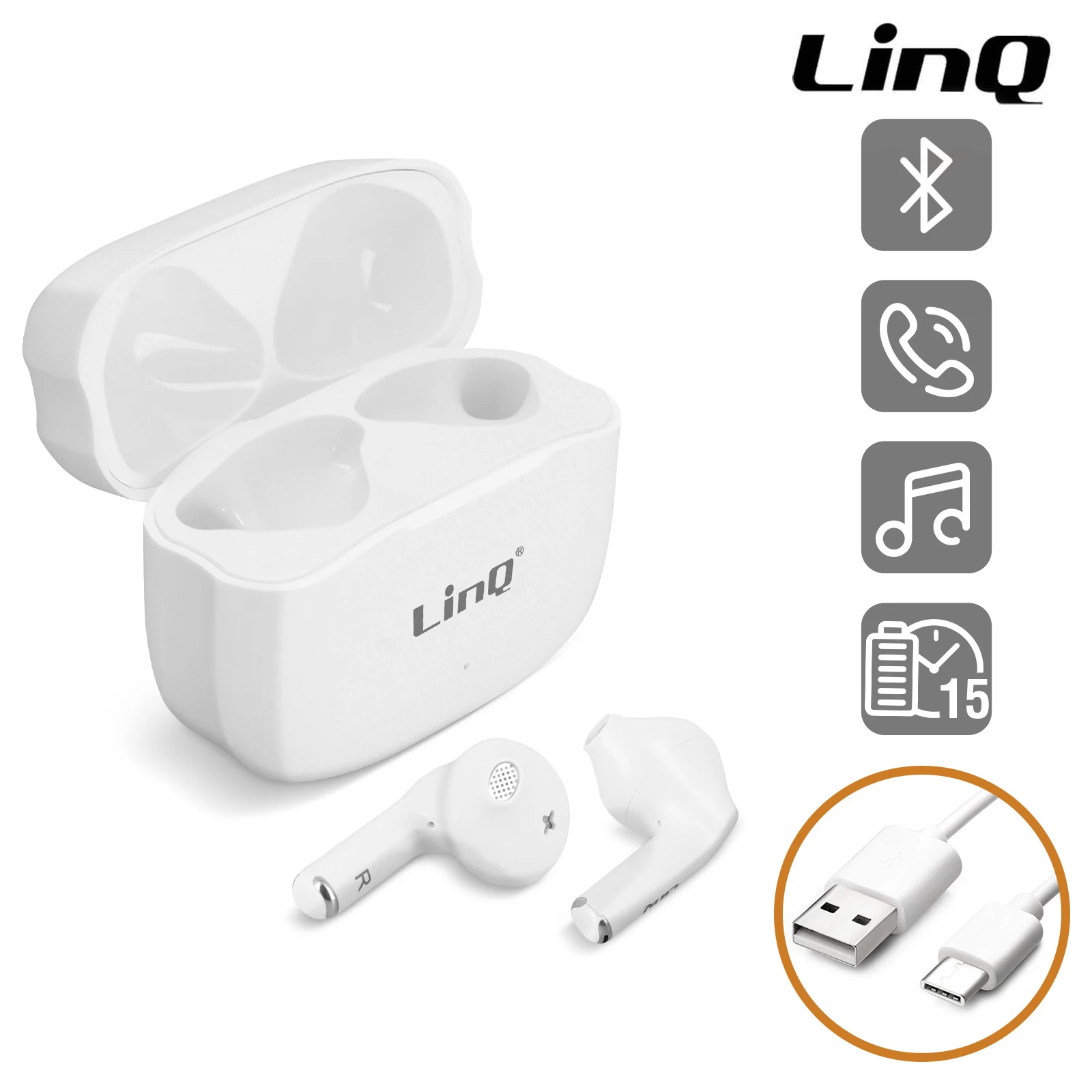 Ecouteurs Bluetooth Sans Fil, Contrôle Tactile, 15h D'autonomie Avec Boîtier De Charge, Linq - Blanc 3 Ecouteurs Bluetooth Sans Fil, Contrôle Tactile, 15h D'autonomie Avec Boîtier De Charge, Linq - Blanc